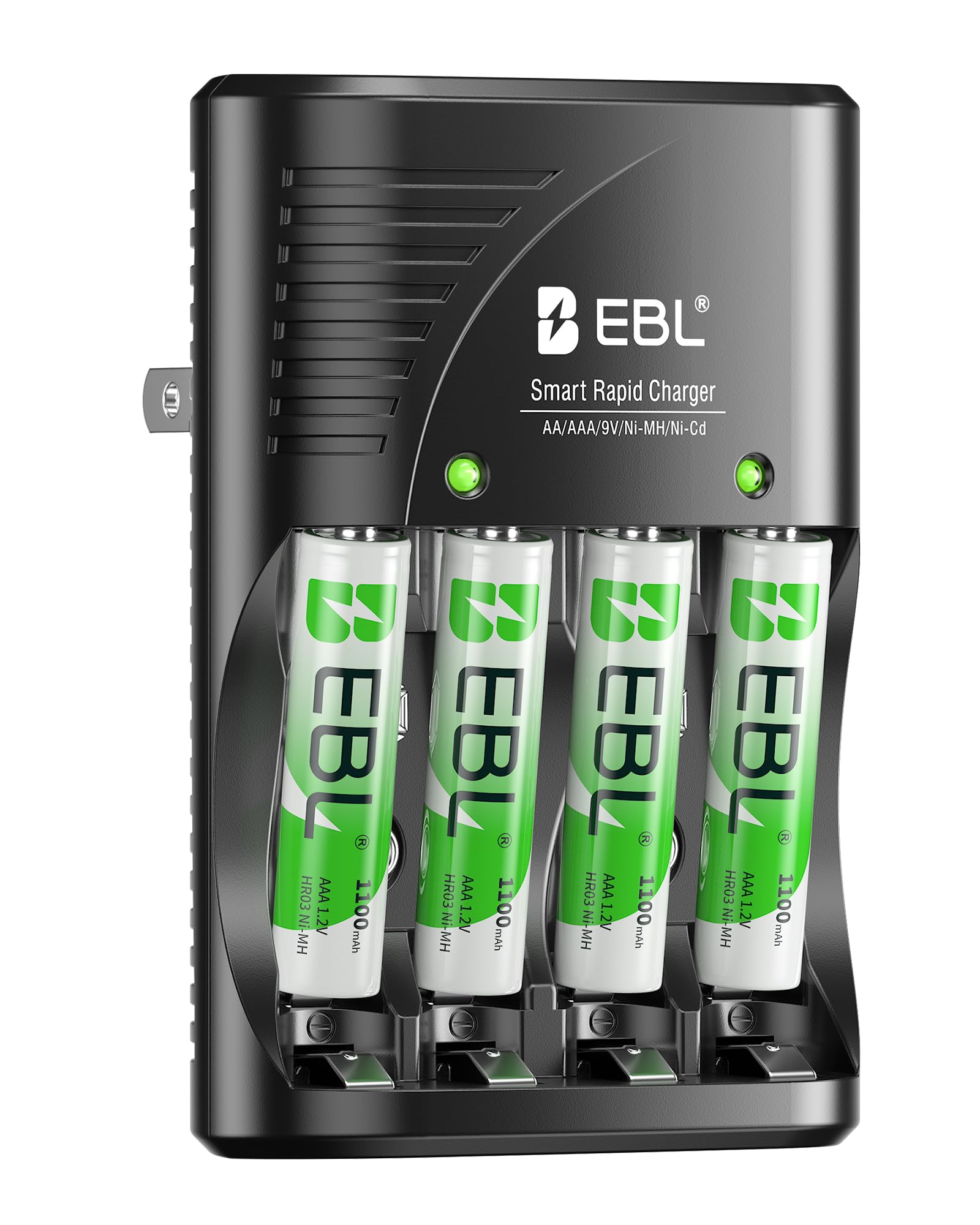 EBL 4-Bay Smart Charger with 4 AAA Rechargeable Batteries (1100mAh) – Foldable Plug, 0V Activation