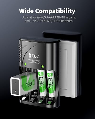 EBL 4-Bay Smart Charger with 4 AAA Rechargeable Batteries (1100mAh) – Foldable Plug, 0V Activation