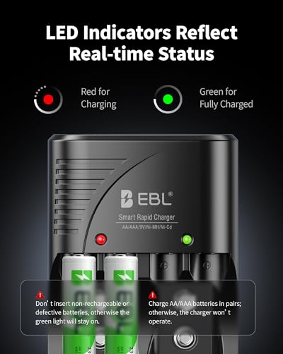 EBL 4-Bay Smart Charger with 4 AAA Rechargeable Batteries (1100mAh) – Foldable Plug, 0V Activation