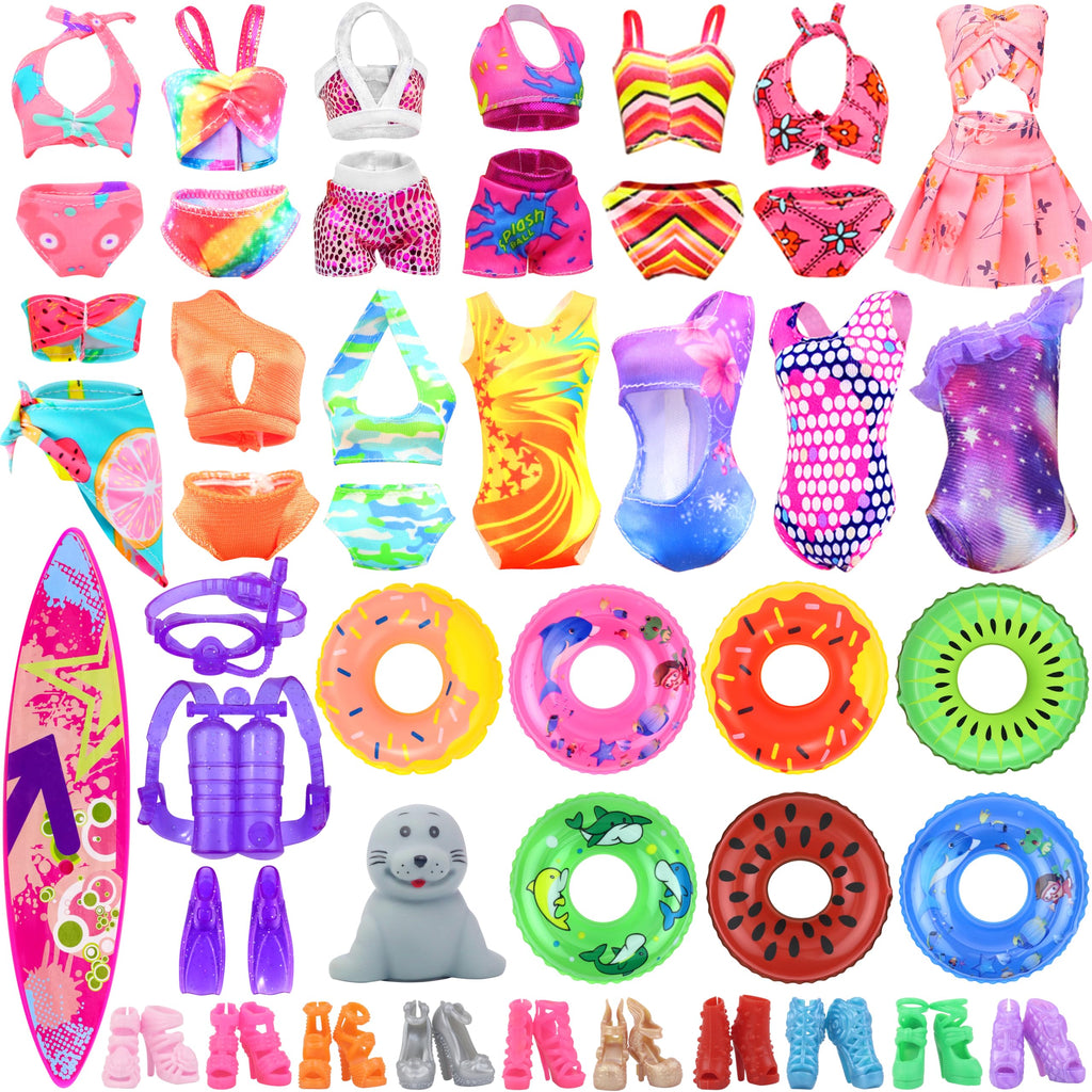 Ecore Fun 15-Piece Doll Bathing Suit Set for 11.5-Inch Dolls - Swimsuits, Shoes, Pool Floaties & Accessories