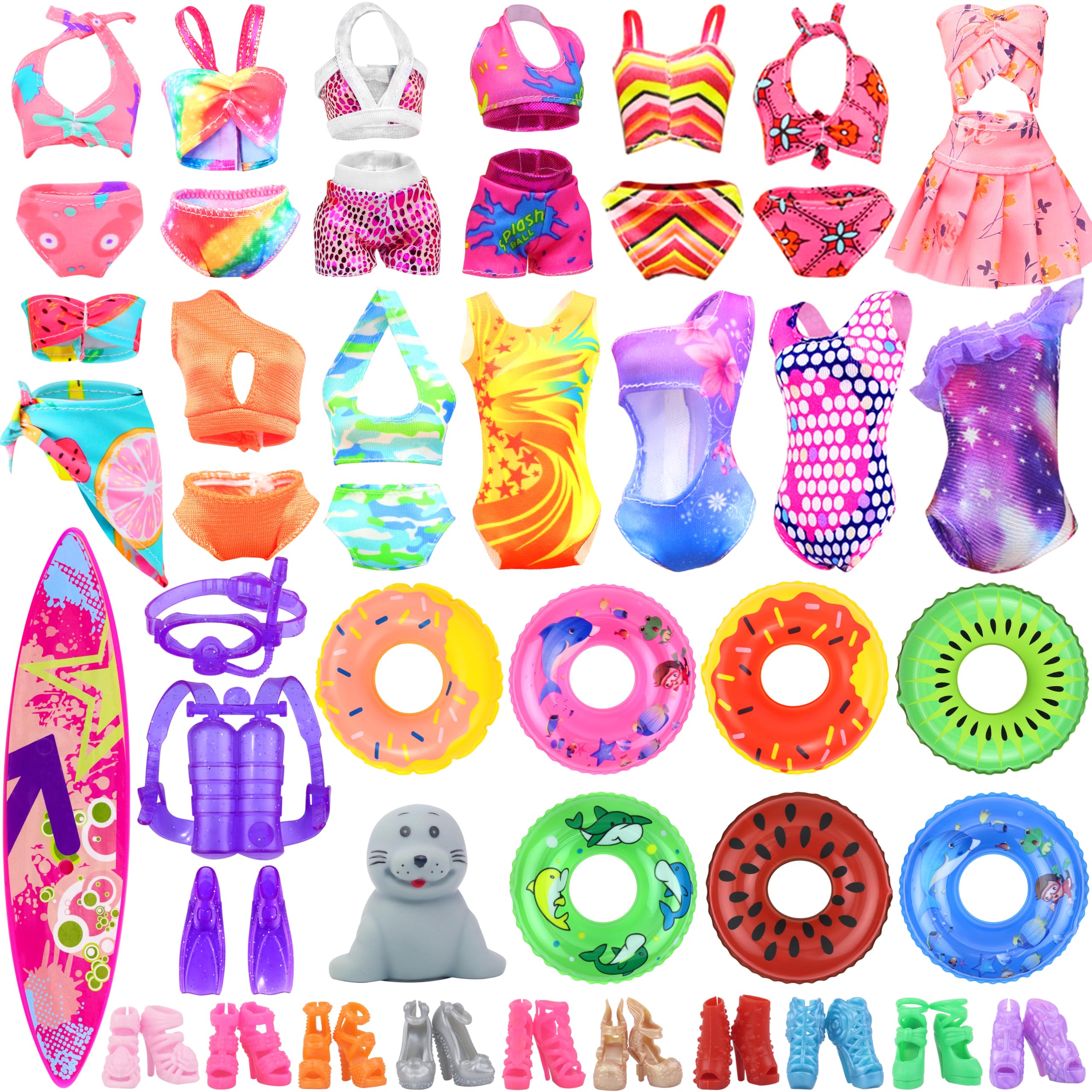 Ecore Fun 15-Piece Doll Bathing Suit Set for 11.5-Inch Dolls - Swimsuits, Shoes, Pool Floaties & Accessories