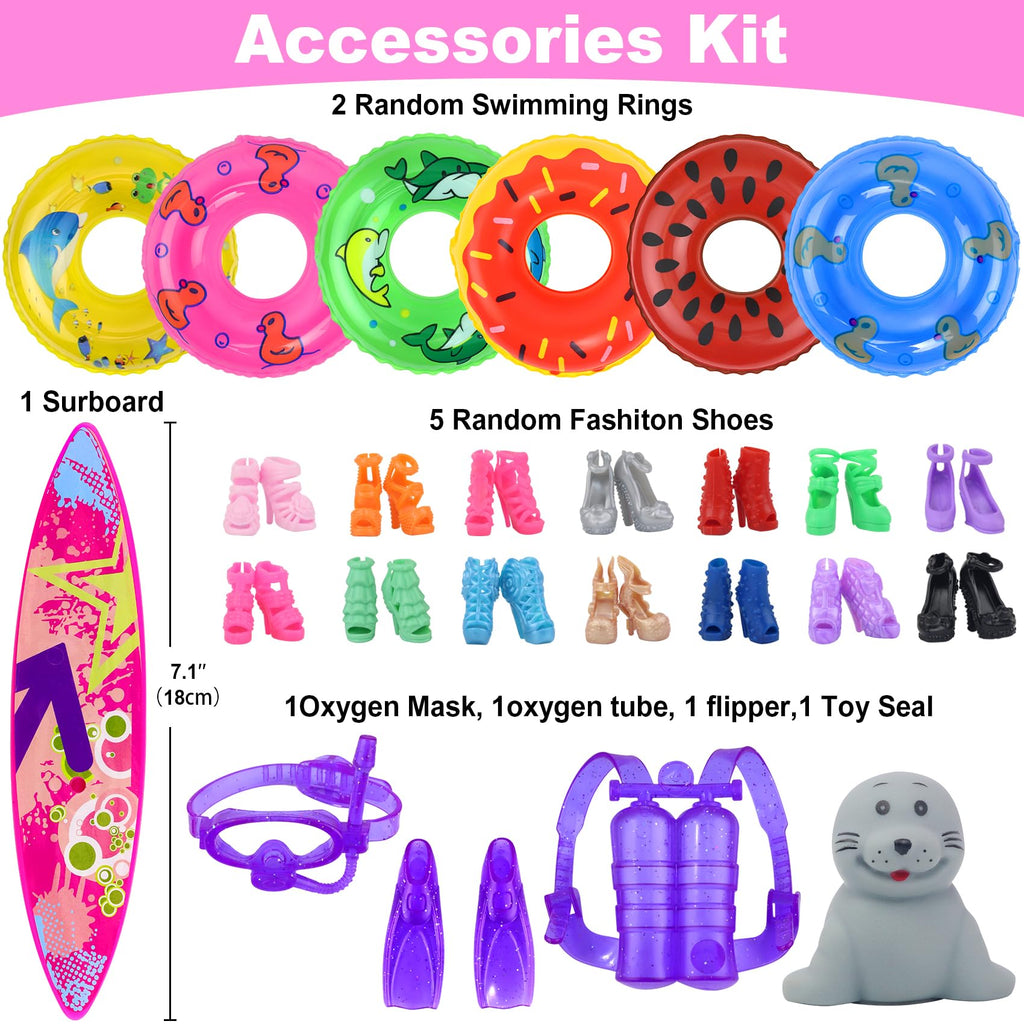 Ecore Fun 15-Piece Doll Bathing Suit Set for 11.5-Inch Dolls - Swimsuits, Shoes, Pool Floaties & Accessories