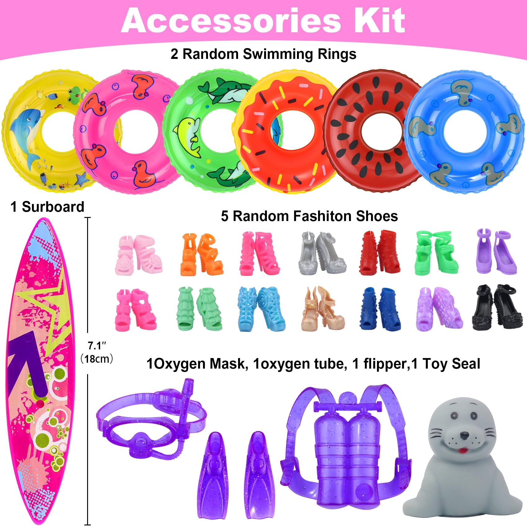 Ecore Fun 15-Piece Doll Bathing Suit Set for 11.5-Inch Dolls - Swimsuits, Shoes, Pool Floaties & Accessories