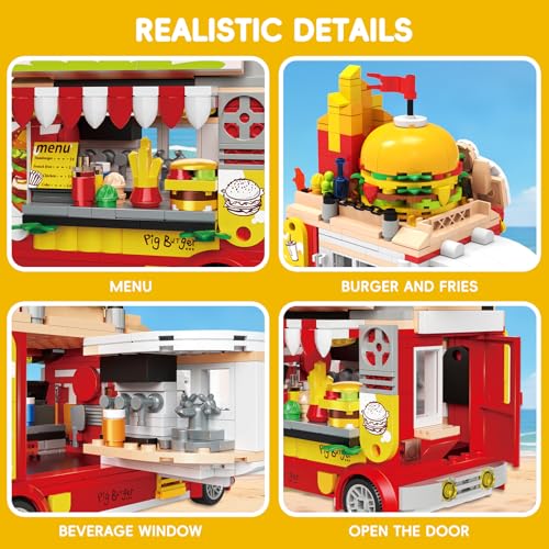 ecpoteny Piggy Burger Truck Building Set – 566-Piece Fast Food Truck Toy for Kids Ages 6+