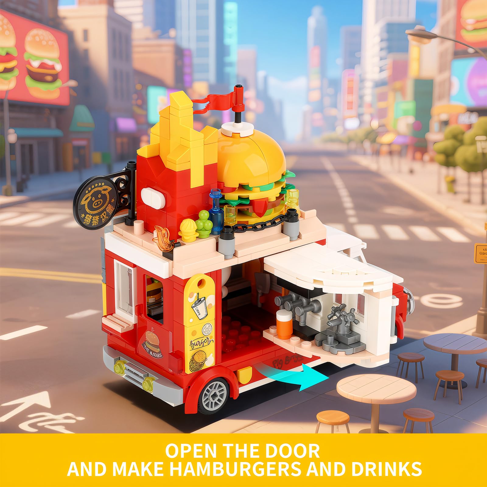 ecpoteny Piggy Burger Truck Building Set – 566-Piece Fast Food Truck Toy for Kids Ages 6+