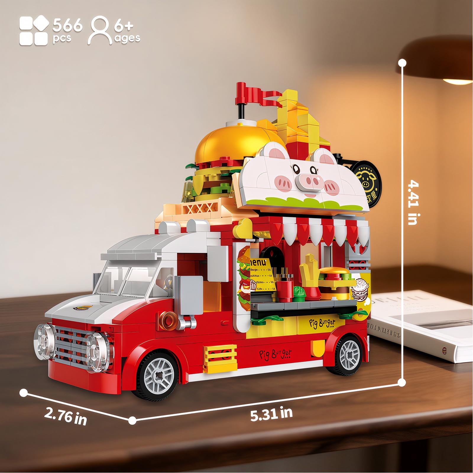 ecpoteny Piggy Burger Truck Building Set – 566-Piece Fast Food Truck Toy for Kids Ages 6+