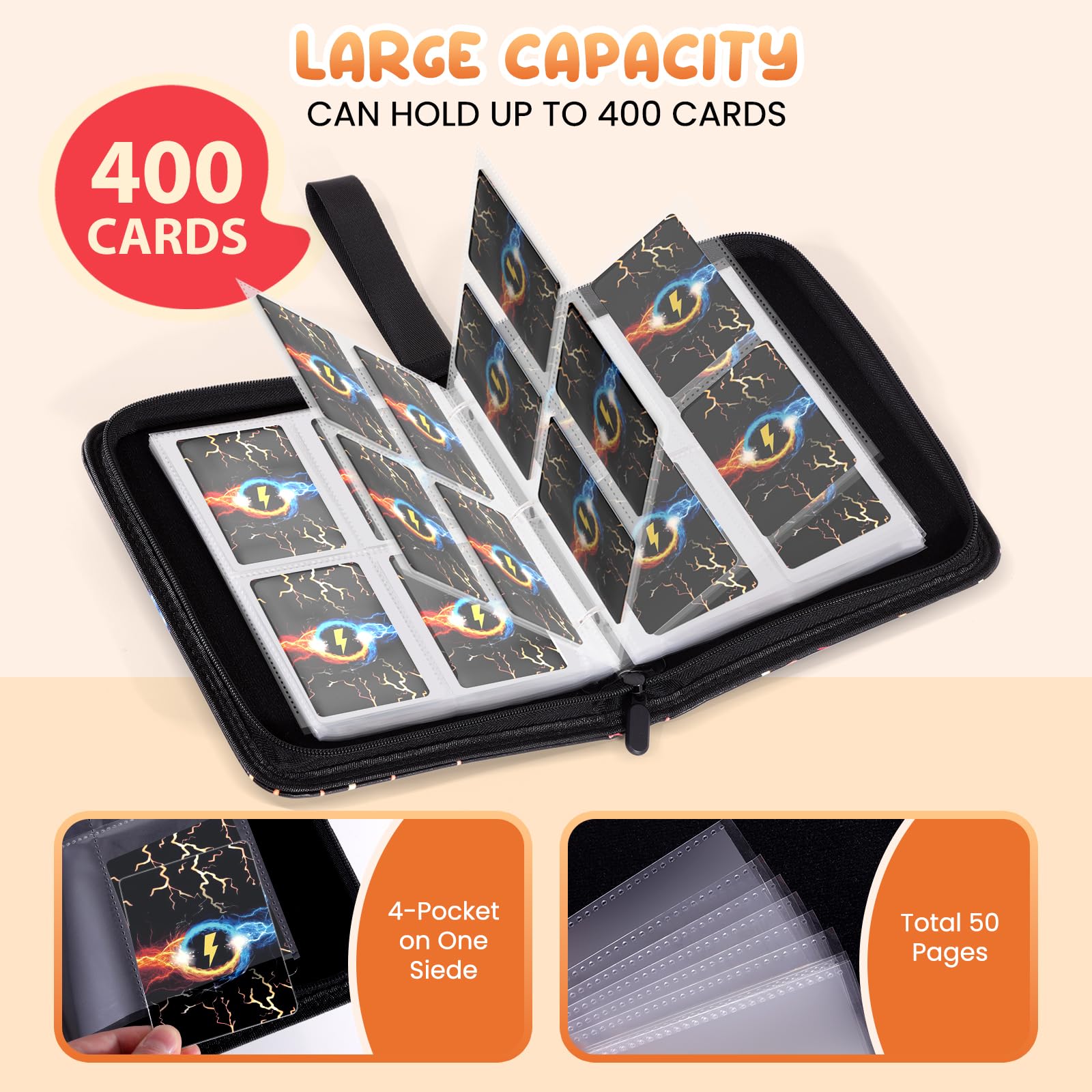 Edrape 4-Pocket Trading Card Binder – Holds 400 Cards, 50 Sleeves, Zipper Closure, Black