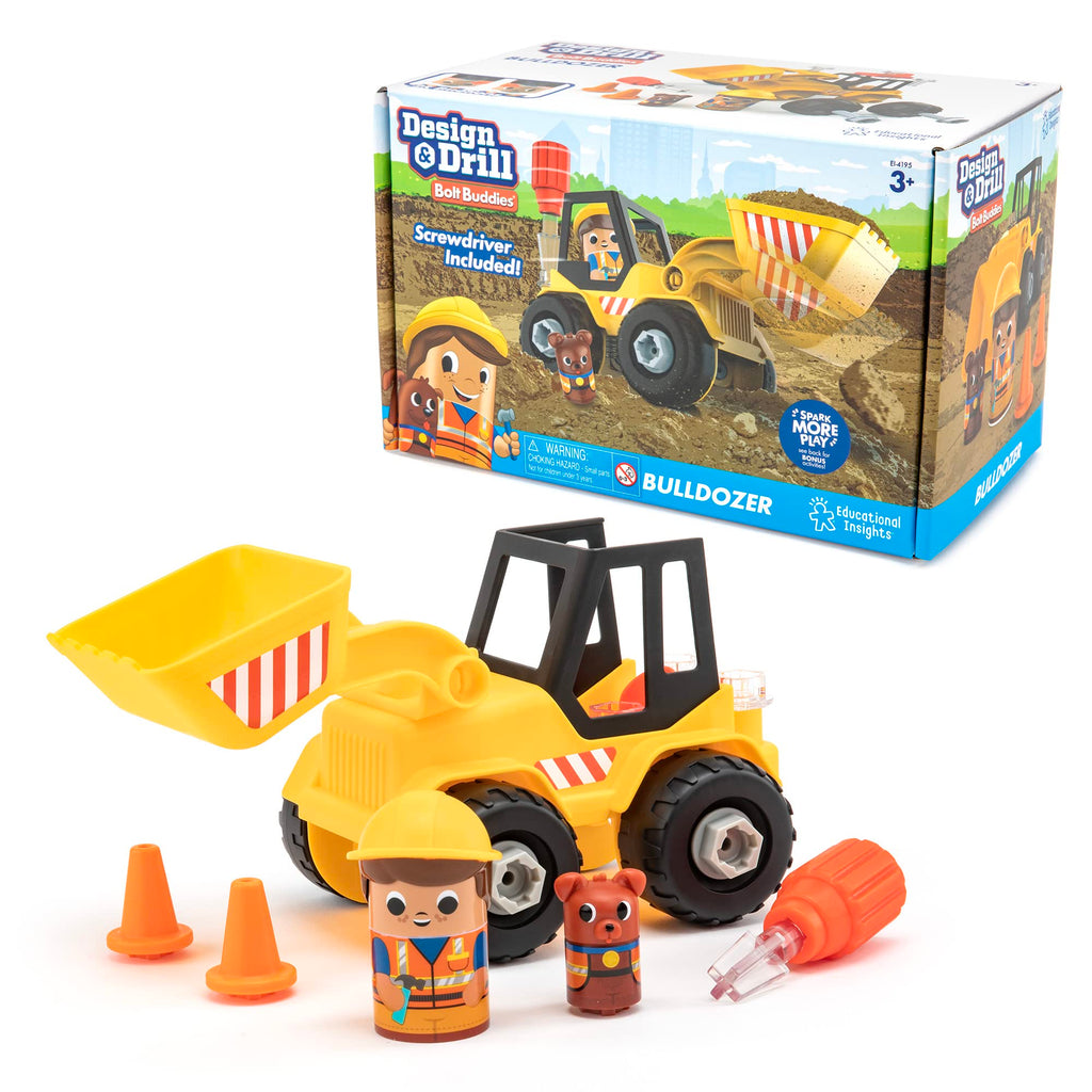 Educational Insights Design & Drill Bolt Buddies Bulldozer - Kid-Safe Screwdriver Toy, 9 Bolts, Buildable Bulldozer with Moveable Scoop, Ages 3+
