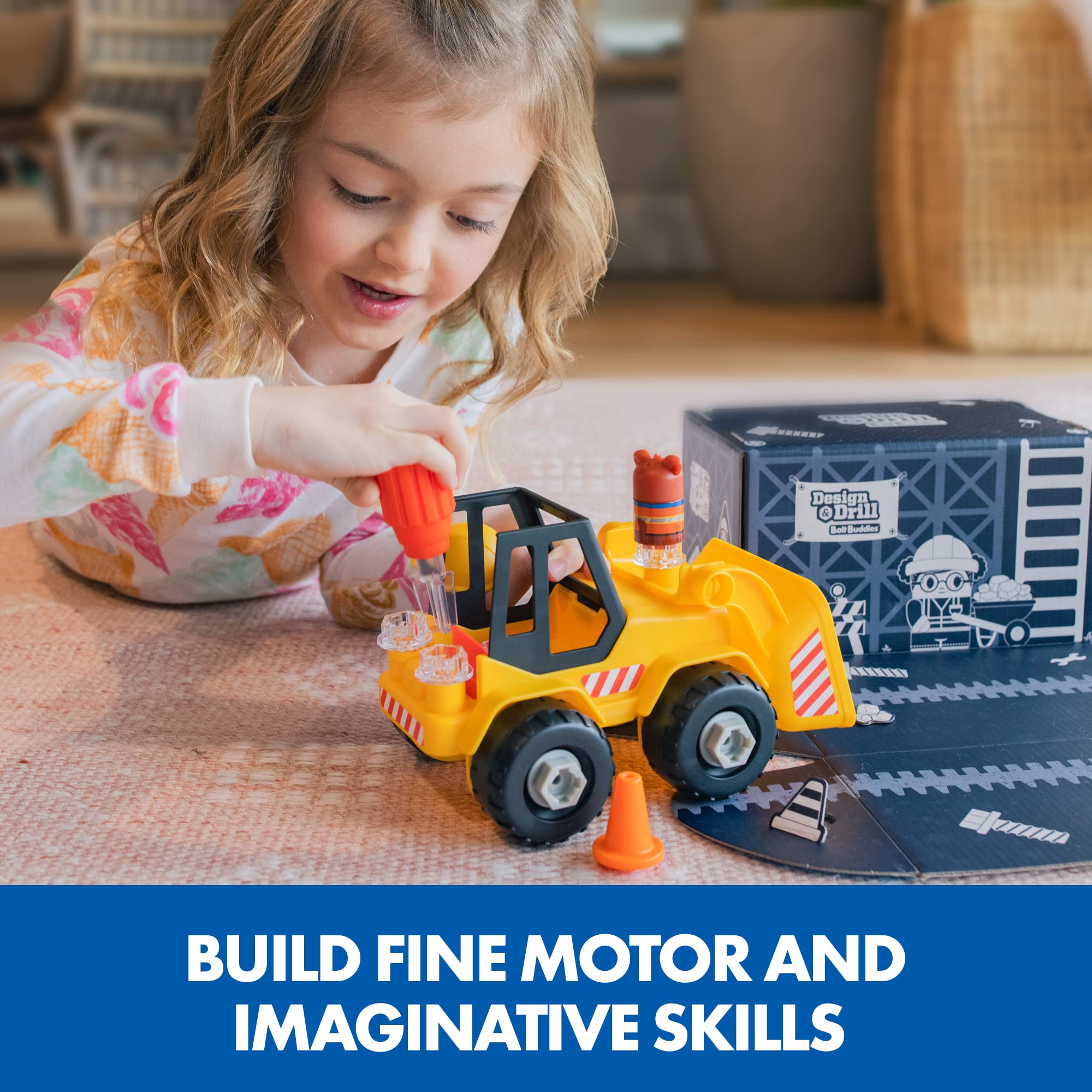 Educational Insights Design & Drill Bolt Buddies Bulldozer - Kid-Safe Screwdriver Toy, 9 Bolts, Buildable Bulldozer with Moveable Scoop, Ages 3+