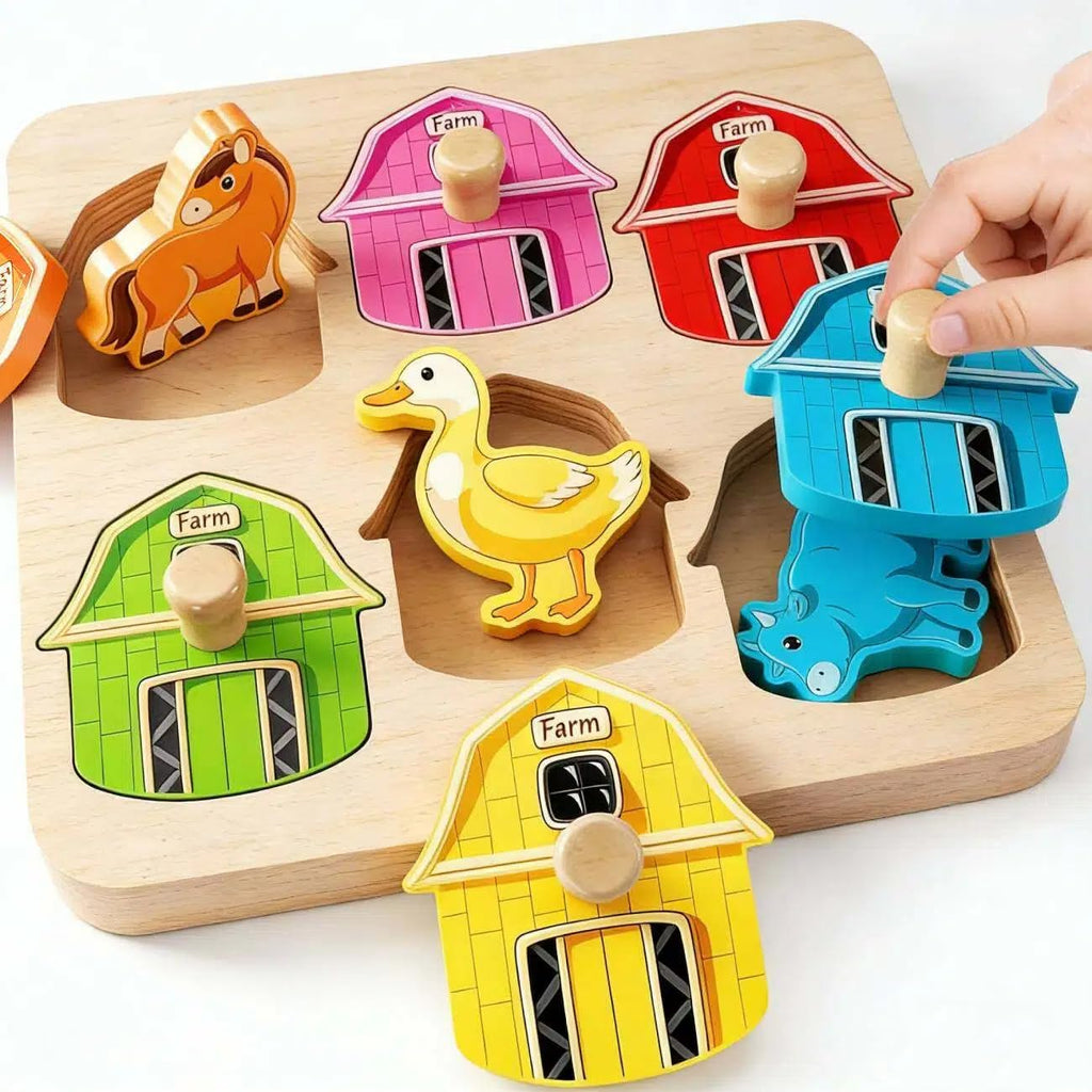 EDUJOY Farm Animal Wooden Peg Puzzle for Toddlers 1-3 - Color Matching Montessori Toy with 6 Pieces