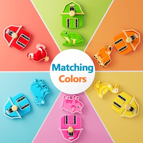 EDUJOY Farm Animal Wooden Peg Puzzle for Toddlers 1-3 - Color Matching Montessori Toy with 6 Pieces