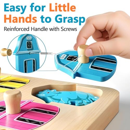 EDUJOY Farm Animal Wooden Peg Puzzle for Toddlers 1-3 - Color Matching Montessori Toy with 6 Pieces