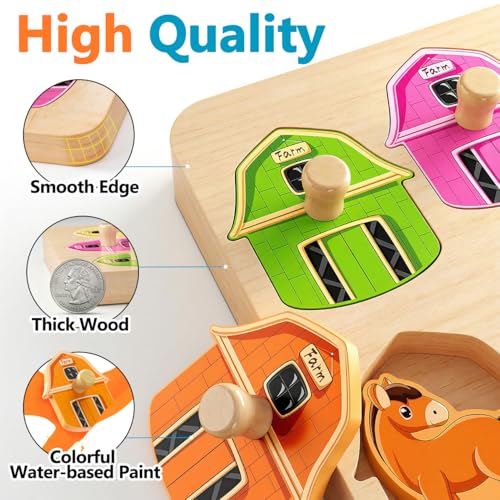 EDUJOY Farm Animal Wooden Peg Puzzle for Toddlers 1-3 - Color Matching Montessori Toy with 6 Pieces