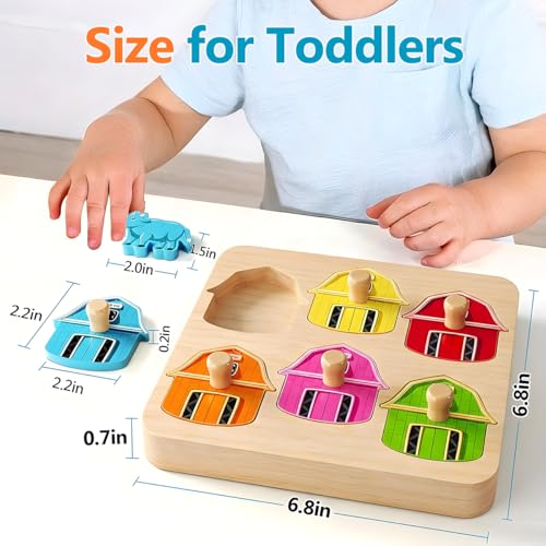 EDUJOY Farm Animal Wooden Peg Puzzle for Toddlers 1-3 - Color Matching Montessori Toy with 6 Pieces