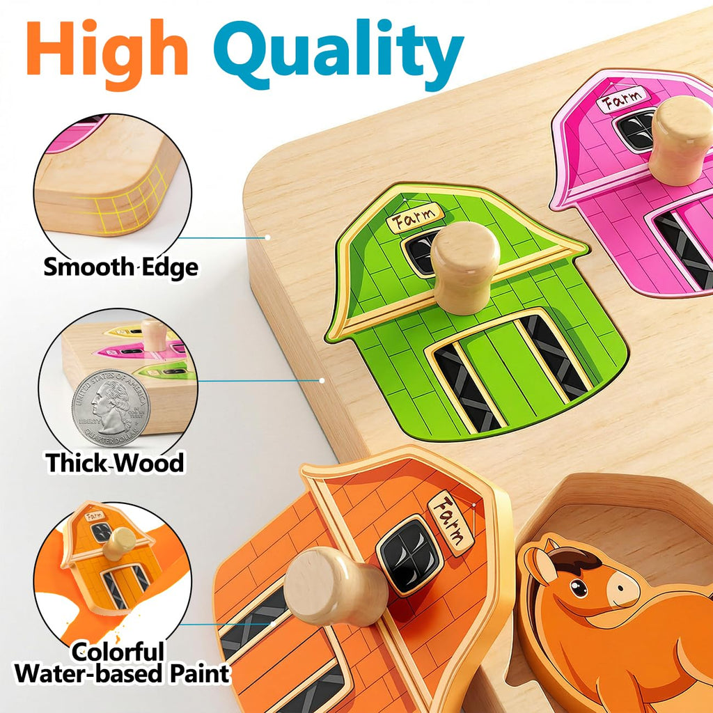 EDUJOY Farm Animal Wooden Peg Puzzle for Toddlers 1-3 - Color Matching Montessori Toy with 6 Pieces