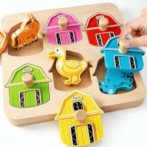 EDUJOY Farm Animal Wooden Peg Puzzle for Toddlers 1-3 - Color Matching Montessori Toy with 6 Pieces