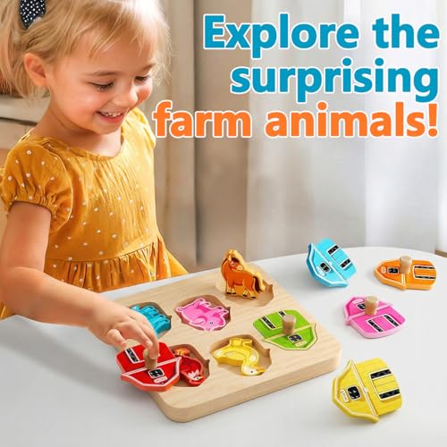 EDUJOY Farm Animal Wooden Peg Puzzle for Toddlers 1-3 - Color Matching Montessori Toy with 6 Pieces