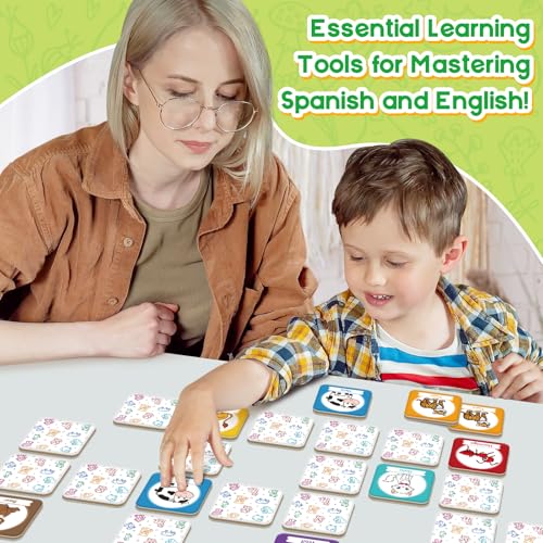 Edulok Bilingual Memory Card Game: Learn Spanish for Kids, 28 Pairs of Flashcards for Preschool Learning