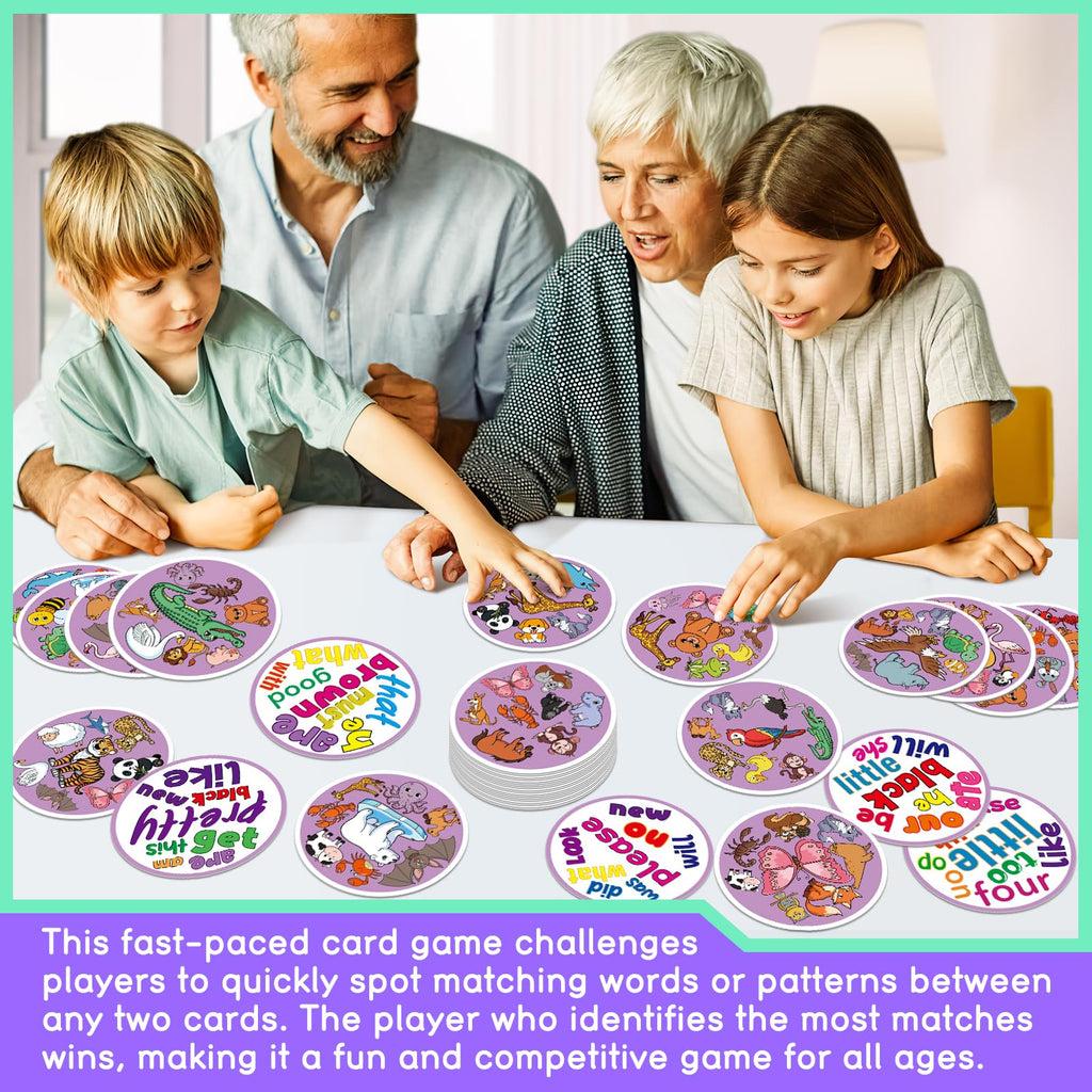 Edulok Memory Card Game - 57 Double-Sided Sight Word & Animal Match Cards for Kids, Preschool Classroom, Homeschool