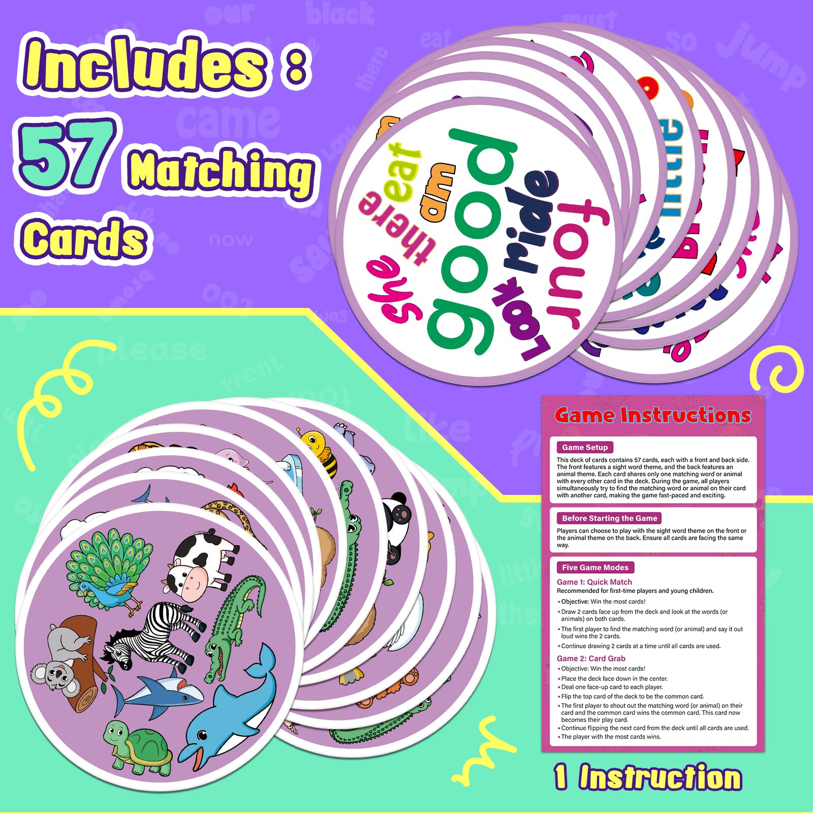 Edulok Memory Card Game - 57 Double-Sided Sight Word & Animal Match Cards for Kids, Preschool Classroom, Homeschool