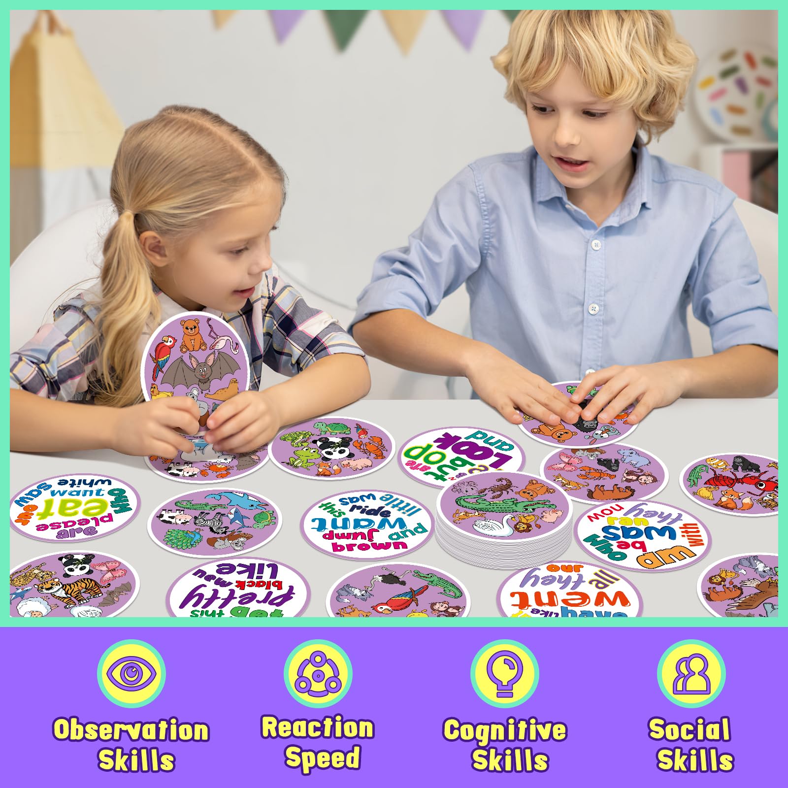Edulok Memory Card Game - 57 Double-Sided Sight Word & Animal Match Cards for Kids, Preschool Classroom, Homeschool