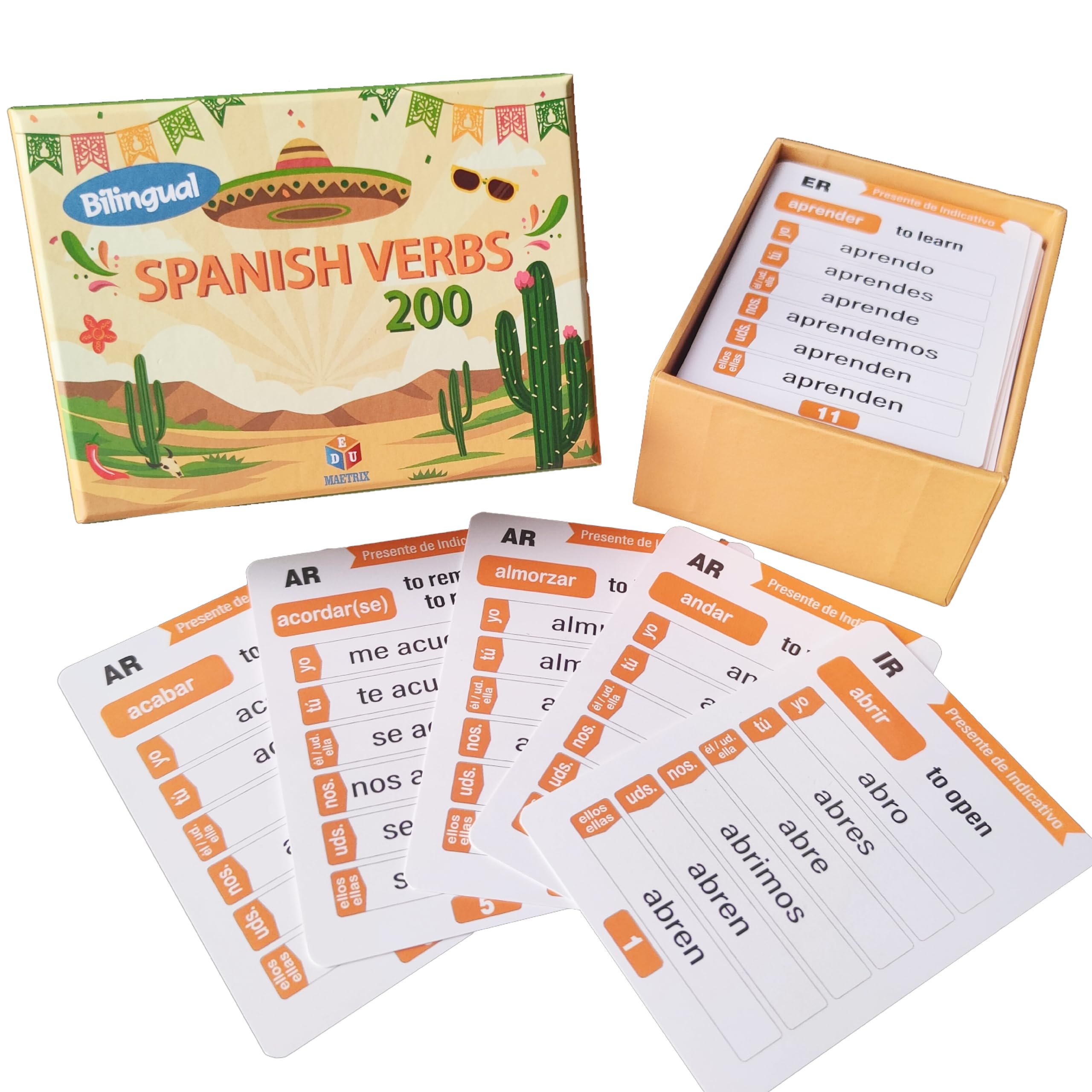 EDUMAETRIX Spanish English Bilingual Verb Conjugation Flash Cards – 200 Verbs, Presente Indicativo – Double-Sided 4x2.8 inches, 101 Cards