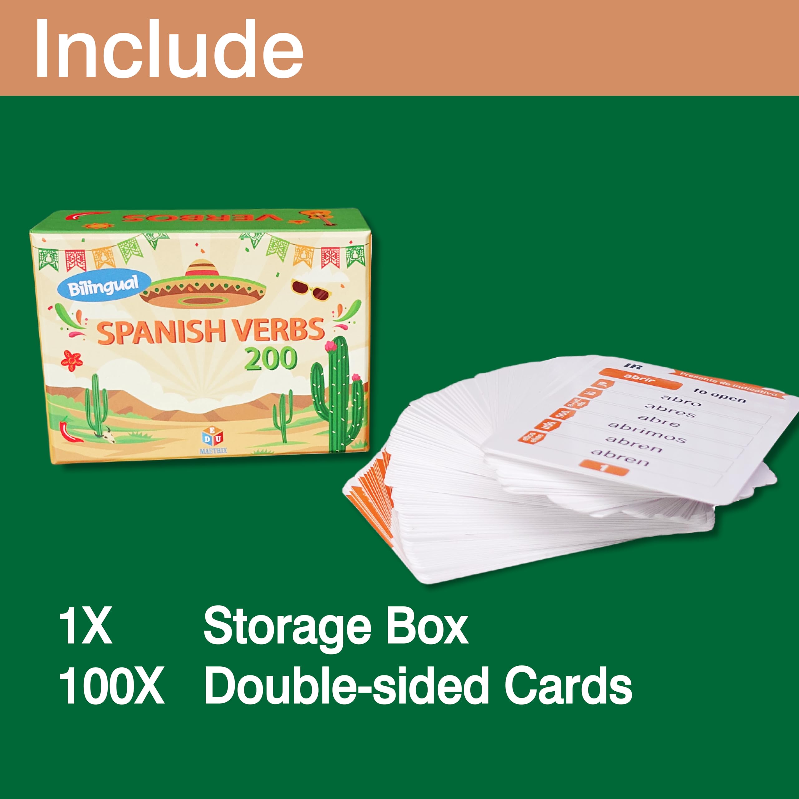 EDUMAETRIX Spanish English Bilingual Verb Conjugation Flash Cards – 200 Verbs, Presente Indicativo – Double-Sided 4x2.8 inches, 101 Cards