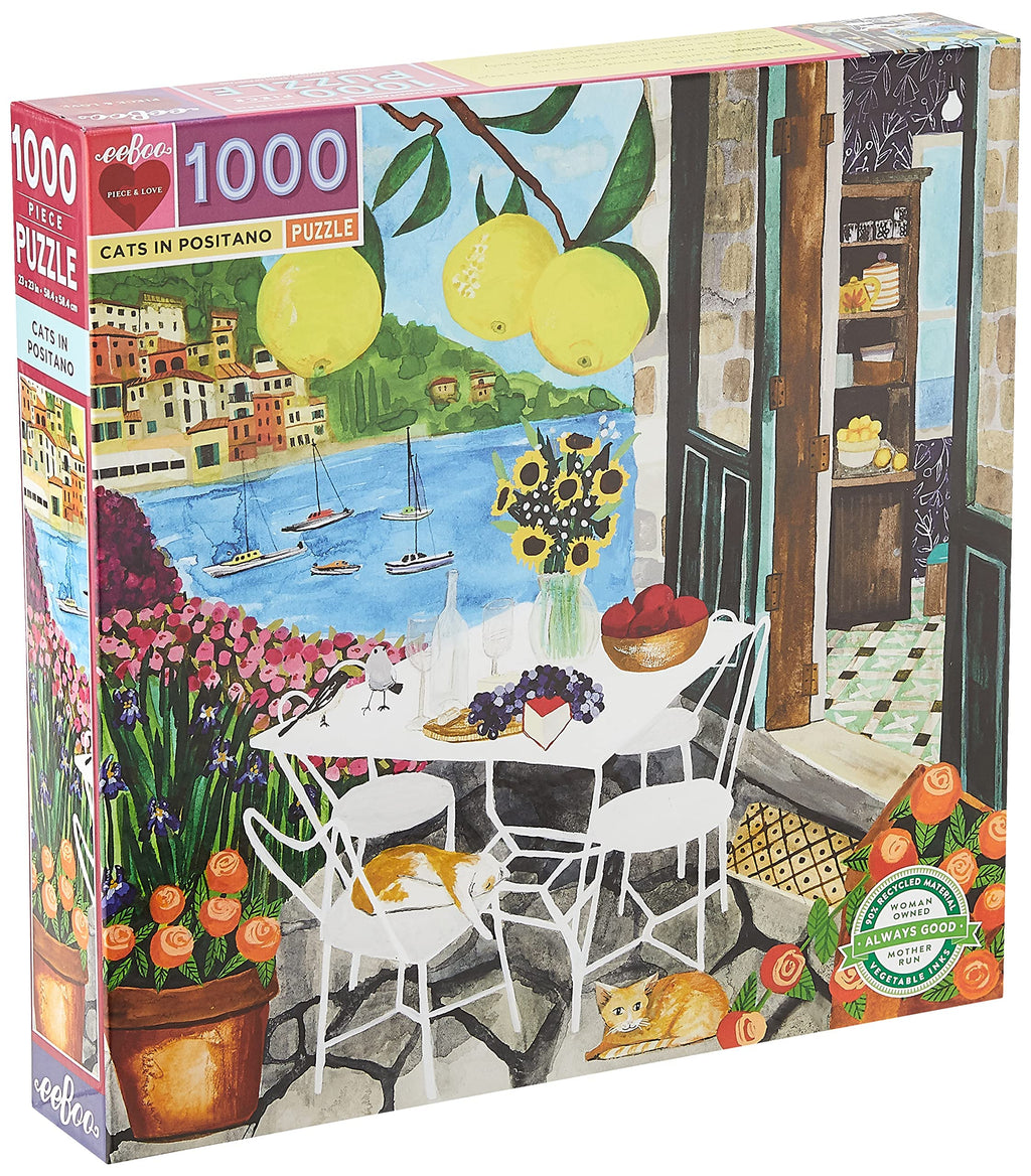 eeBoo Cats in Positano 1000 Piece Puzzle – 23" Square Jigsaw with Original Art & Recycled Materials