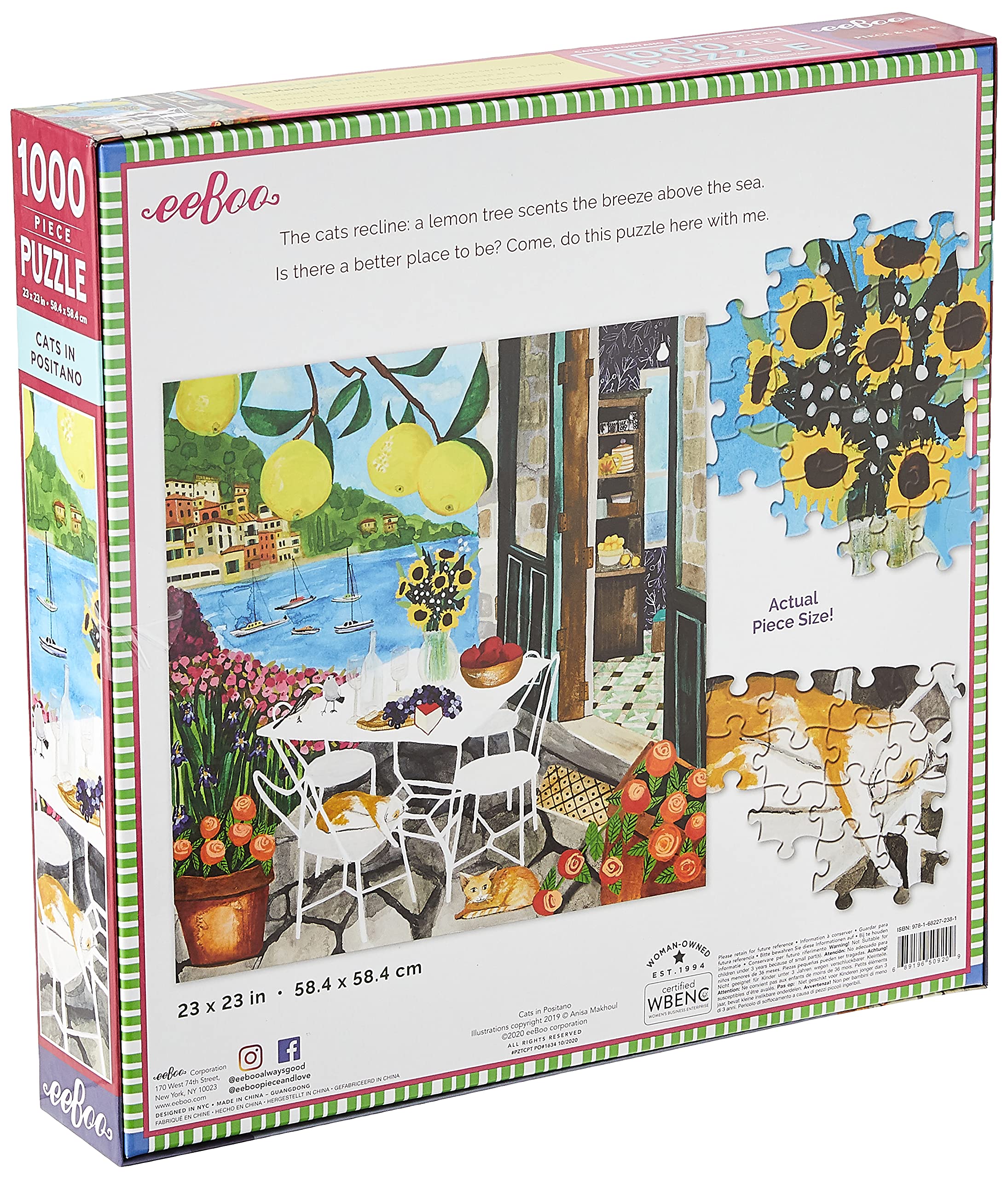 eeBoo Cats in Positano 1000 Piece Puzzle – 23" Square Jigsaw with Original Art & Recycled Materials
