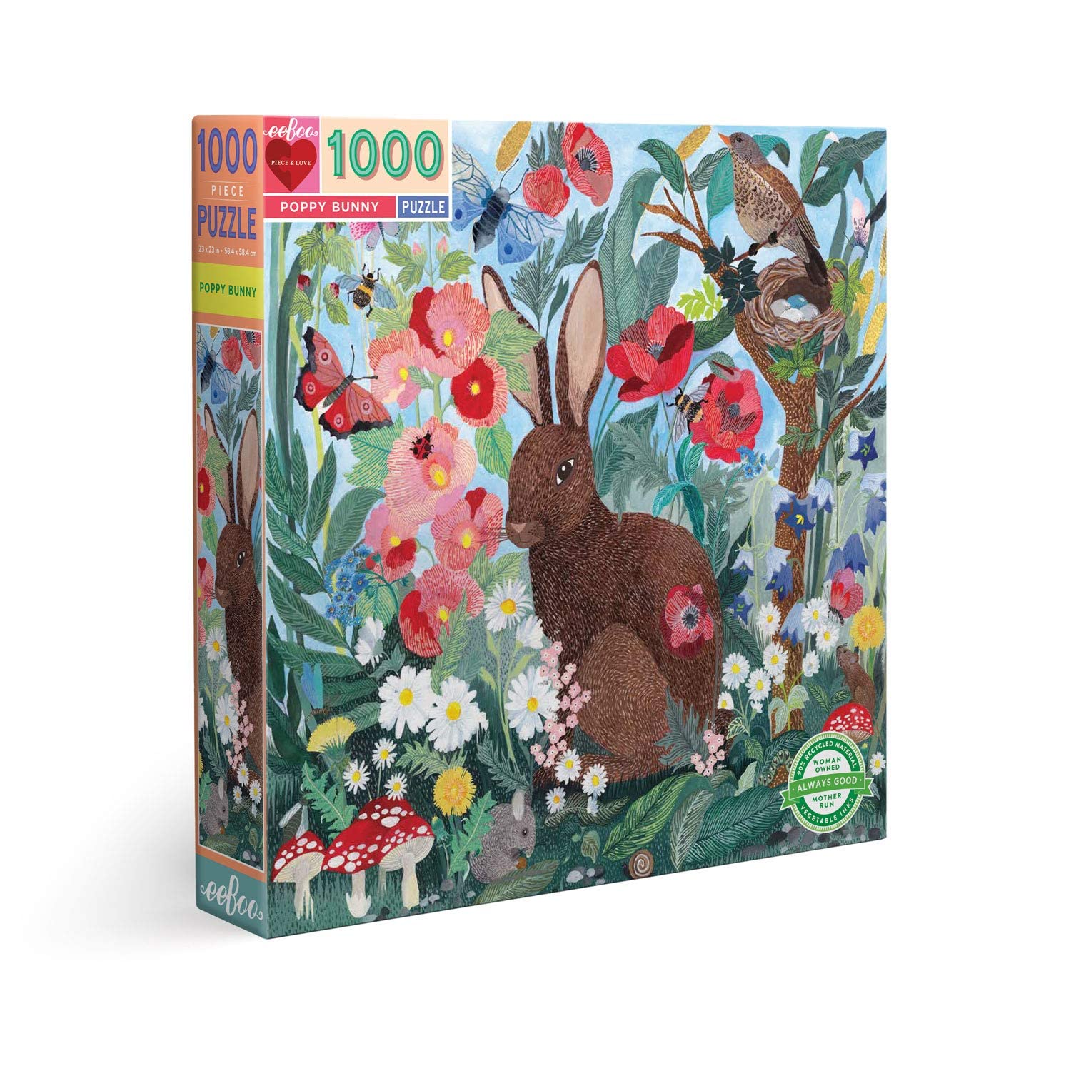 eeBoo Poppy Bunny 1000-Piece Jigsaw Puzzle – Spring Scene, 23x23 Inch, Recycled Board
