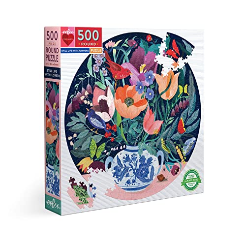 eeBoo Still Life with Flowers 500-Piece Round Jigsaw Puzzle – 23-Inch Circular Puzzle for Adults, Recycled Materials