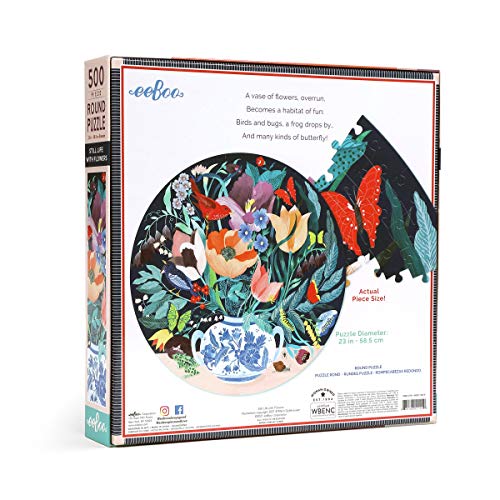 eeBoo Still Life with Flowers 500-Piece Round Jigsaw Puzzle – 23-Inch Circular Puzzle for Adults, Recycled Materials