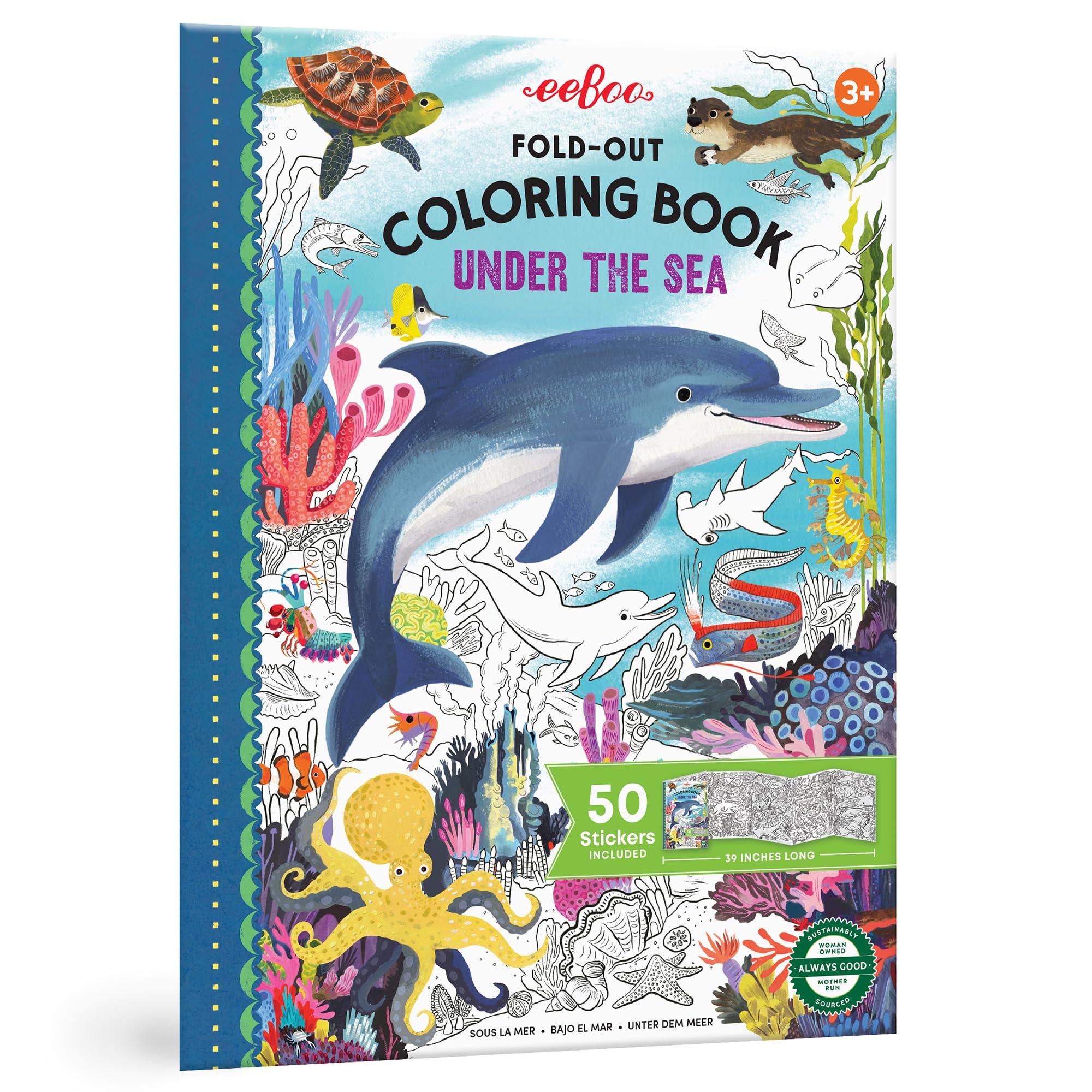 eeBoo Under The Sea Fold-Out Coloring Book – 39 Inch Mural with 50 Stickers for Kids Ages 3+