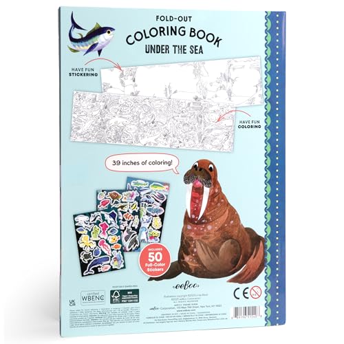 eeBoo Under The Sea Fold-Out Coloring Book – 39 Inch Mural with 50 Stickers for Kids Ages 3+