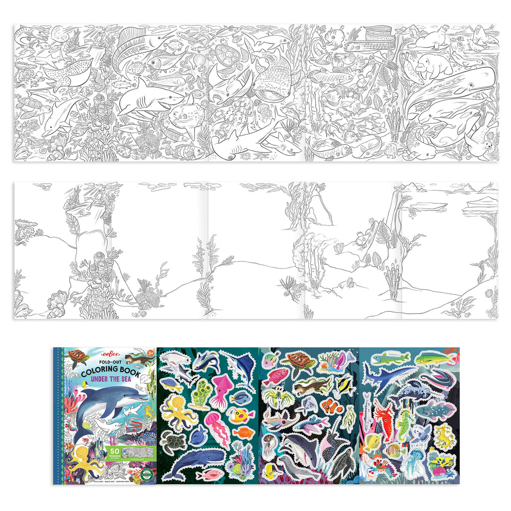 eeBoo Under The Sea Fold-Out Coloring Book – 39 Inch Mural with 50 Stickers for Kids Ages 3+