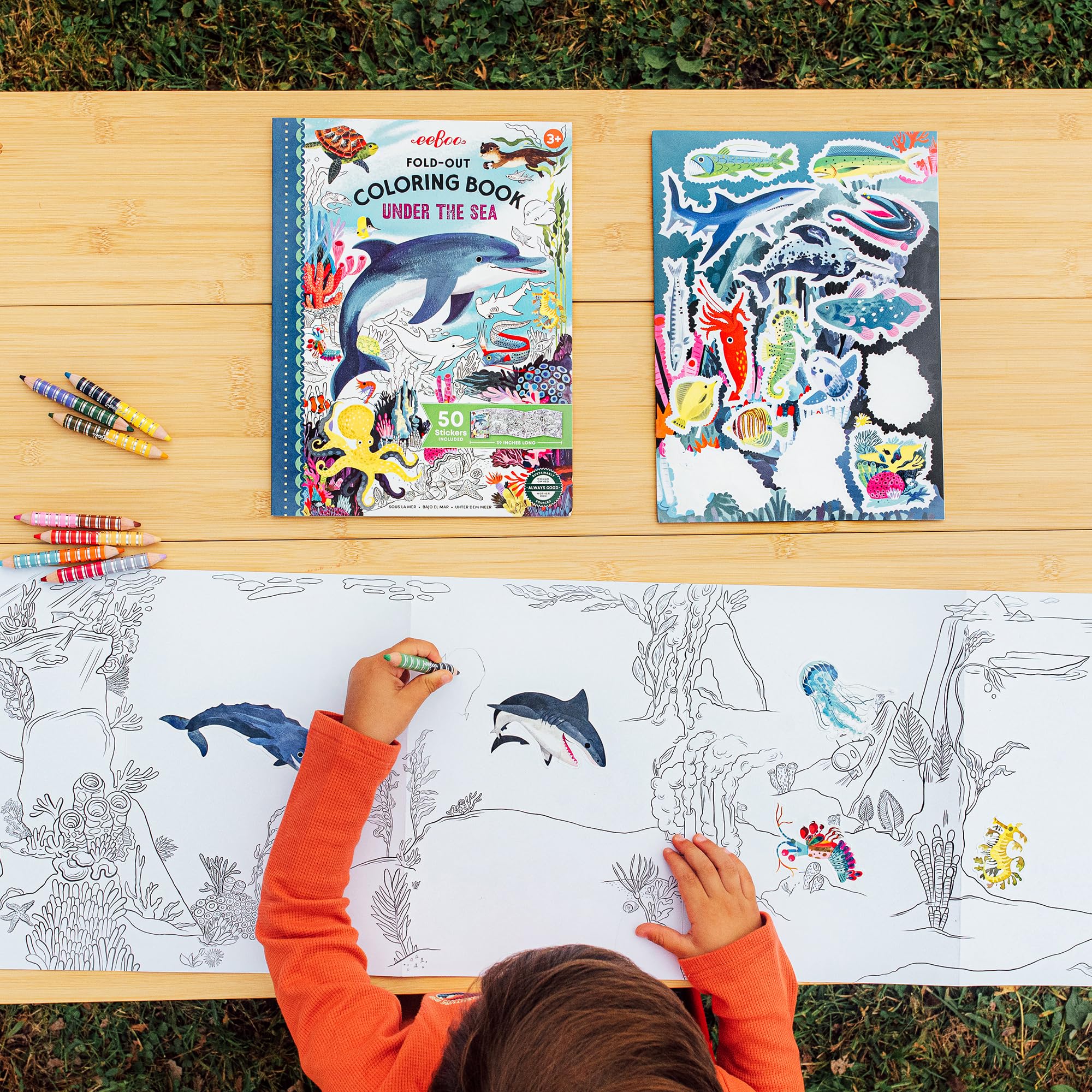 eeBoo Under The Sea Fold-Out Coloring Book – 39 Inch Mural with 50 Stickers for Kids Ages 3+