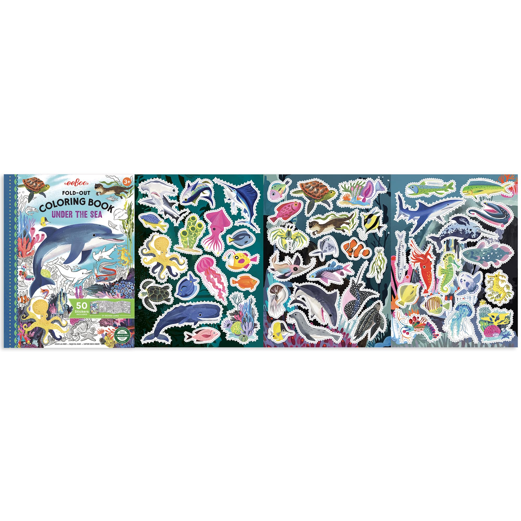 eeBoo Under The Sea Fold-Out Coloring Book – 39 Inch Mural with 50 Stickers for Kids Ages 3+