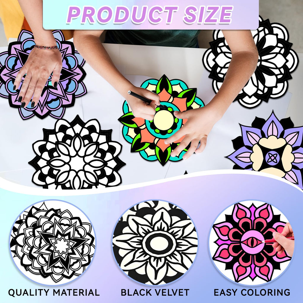 EggSun 48-Piece Mandala Fuzzy Velvet Coloring Posters Kit for Relaxation and Family Fun