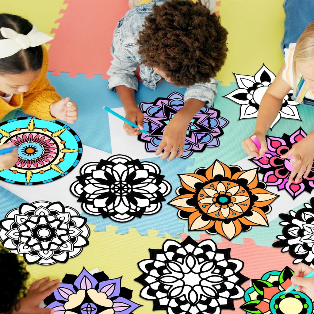 EggSun 48-Piece Mandala Fuzzy Velvet Coloring Posters Kit for Relaxation and Family Fun