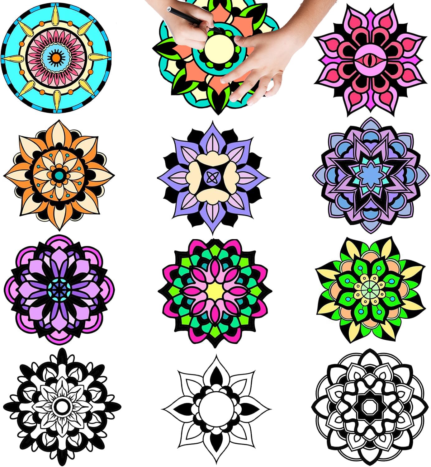 EggSun 48-Piece Mandala Fuzzy Velvet Coloring Posters Kit for Relaxation and Family Fun