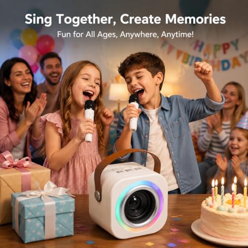 EGivwcvic Mini Karaoke Machine for Kids with 2 Wireless Mics – Safe, Rechargeable, and Portable Singing Toy for Ages 3-12