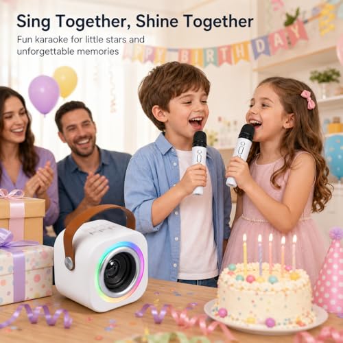 EGivwcvic Mini Karaoke Machine for Kids with 2 Wireless Mics – Safe, Rechargeable, and Portable Singing Toy for Ages 3-12