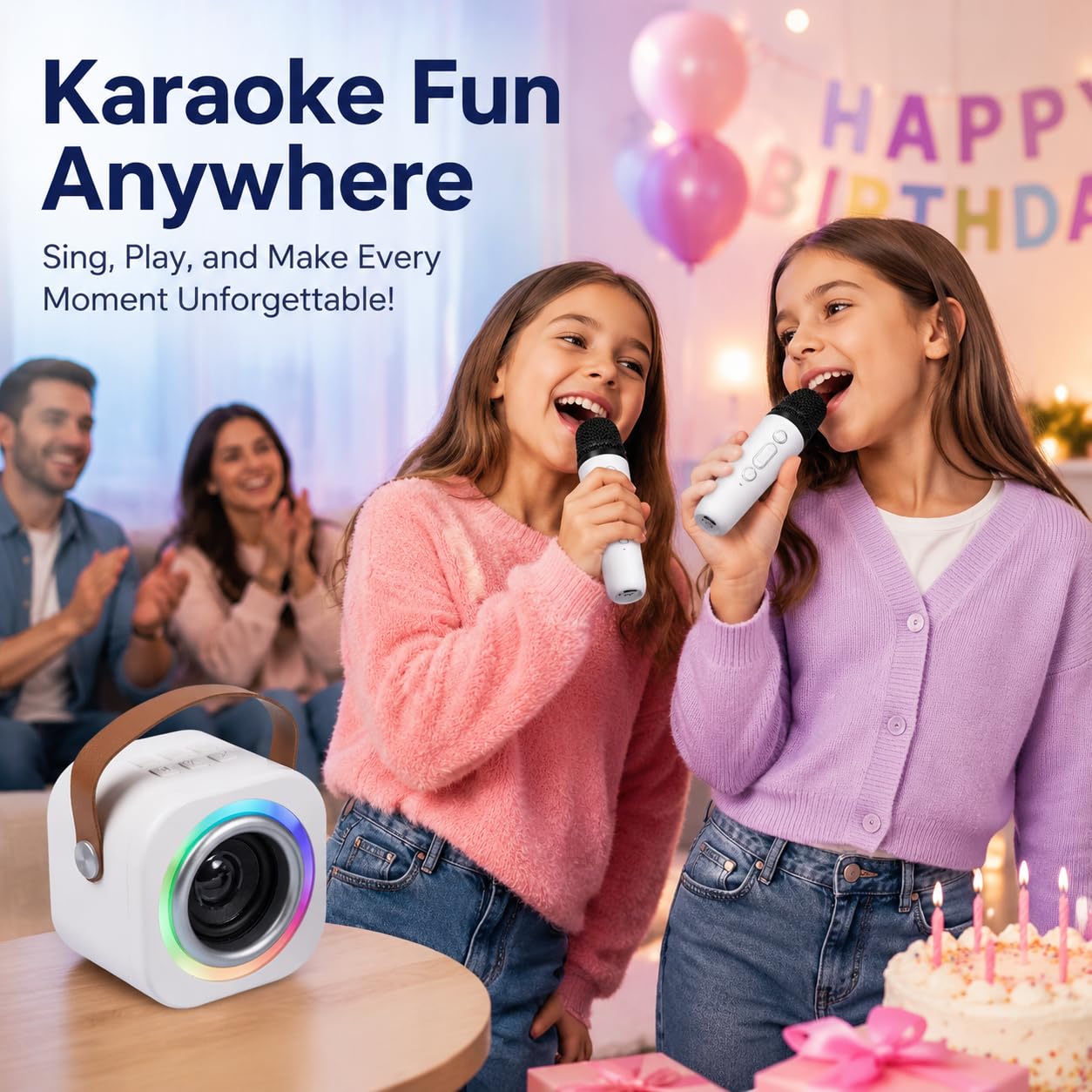 EGivwcvic Mini Karaoke Machine for Kids with 2 Wireless Mics – Safe, Rechargeable, and Portable Singing Toy for Ages 3-12