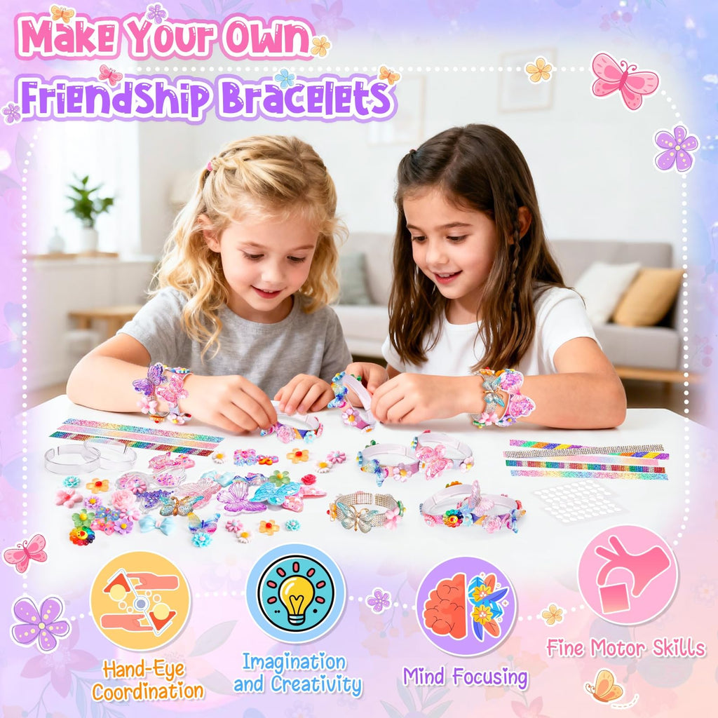 Eichhoo Butterfly & Flower Friendship Bracelet Making Kit for Girls Ages 5-12 - 8 Bracelets, 50 Charms, Adhesive Dots