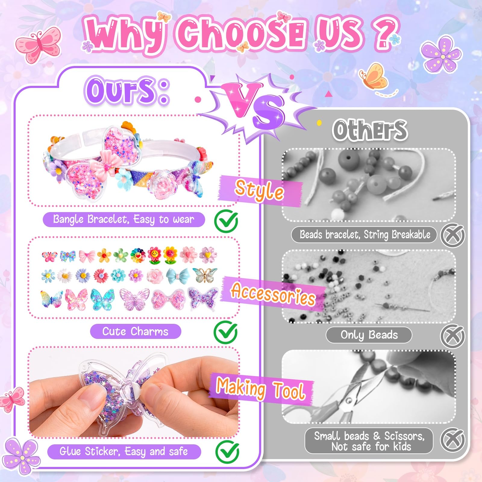 Eichhoo Butterfly & Flower Friendship Bracelet Making Kit for Girls Ages 5-12 - 8 Bracelets, 50 Charms, Adhesive Dots