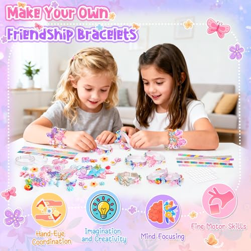 Eichhoo Butterfly & Flower Friendship Bracelet Making Kit for Girls Ages 5-12 - 8 Bracelets, 50 Charms, Adhesive Dots