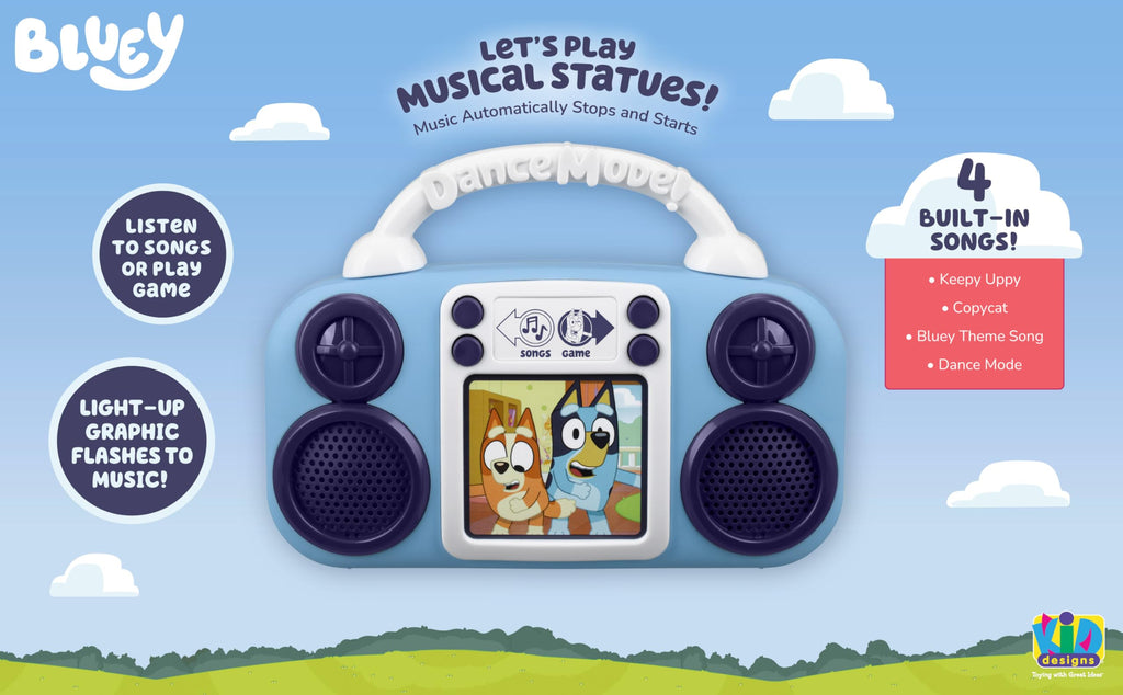 eKids Bluey Music Player for Toddlers – Built-in Songs, Lights, and Musical Statues Game