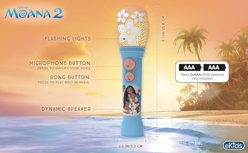 eKids Moana Sing Along Microphone - Kid's Musical Toy with Built-in Music and Flashing Lights