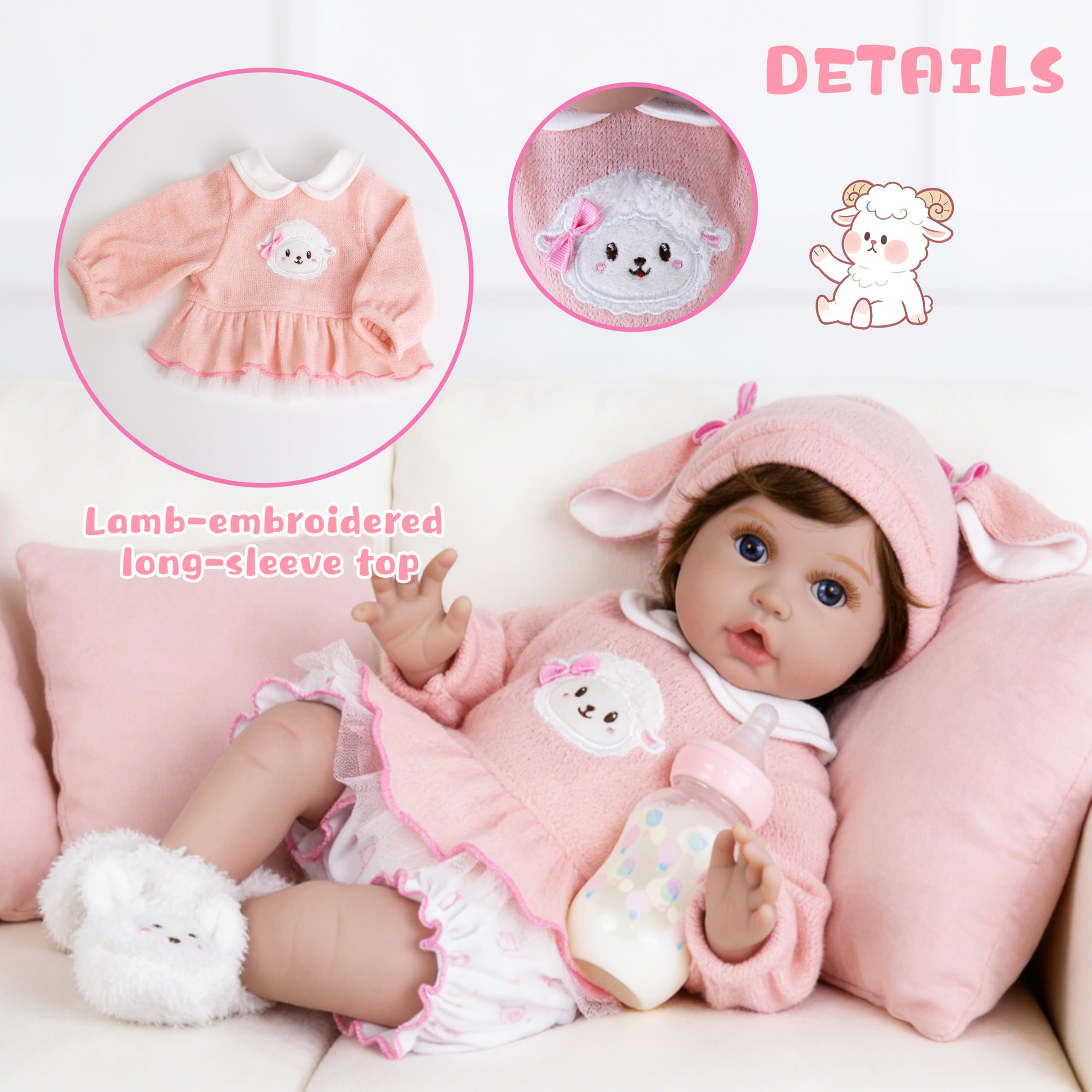 EKOKIZ 4-Piece Reborn Doll Outfit for 20-22 Inch Dolls - Pink Lamb & Bunny Theme with Hat, Top, Bloomers, Booties