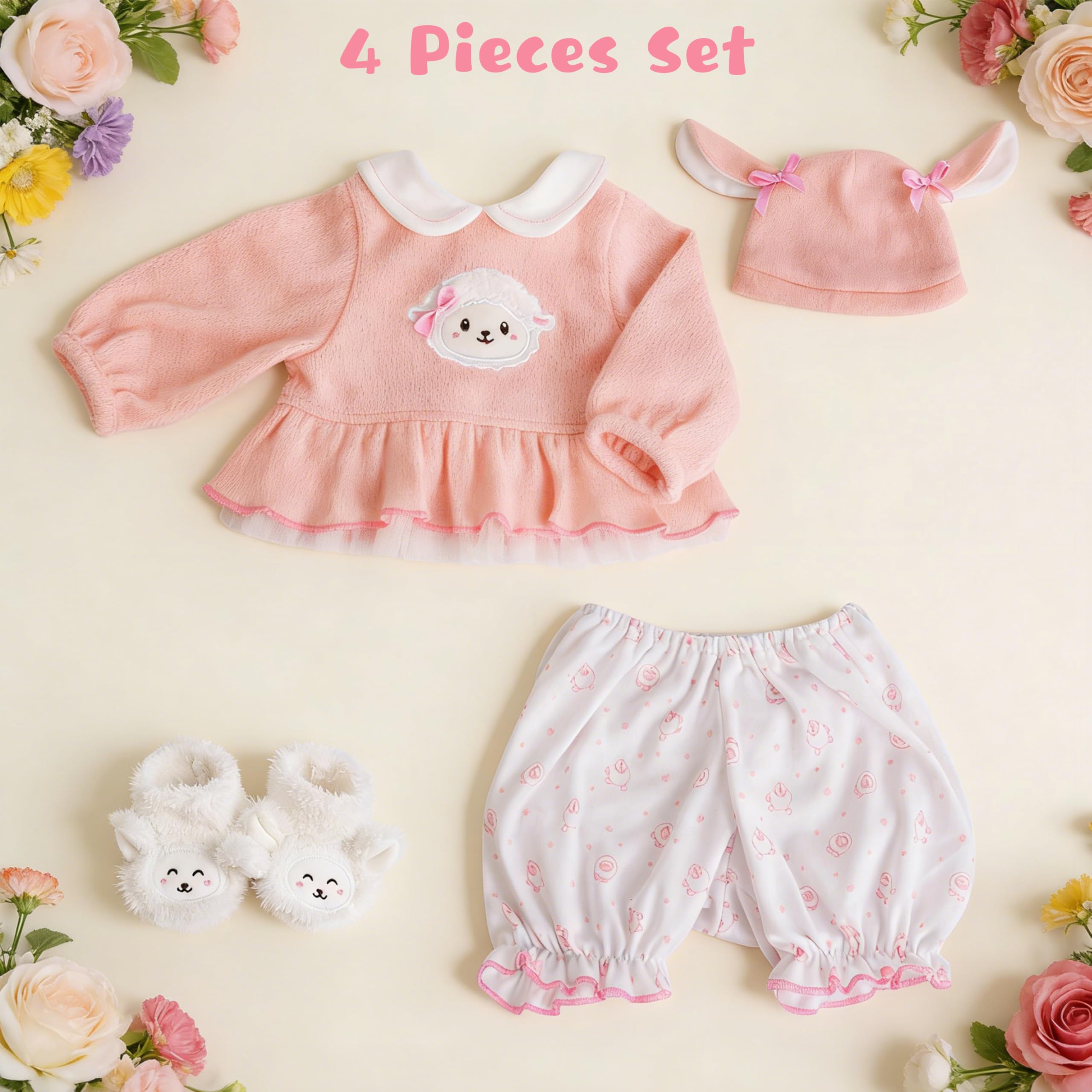 EKOKIZ 4-Piece Reborn Doll Outfit for 20-22 Inch Dolls - Pink Lamb & Bunny Theme with Hat, Top, Bloomers, Booties